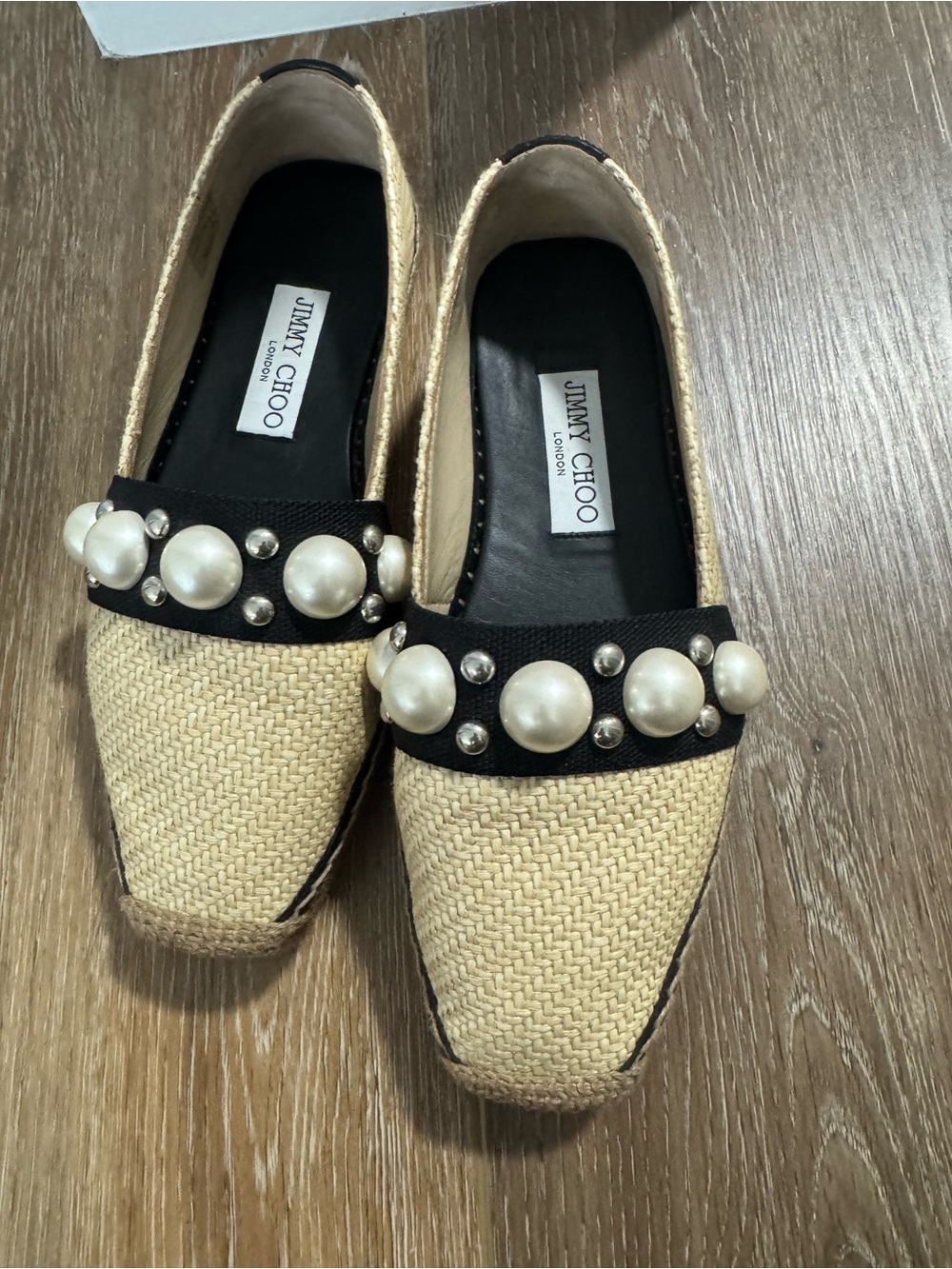 Jimmy Choo Beige Pearl-Embellished Espadrille Loafers